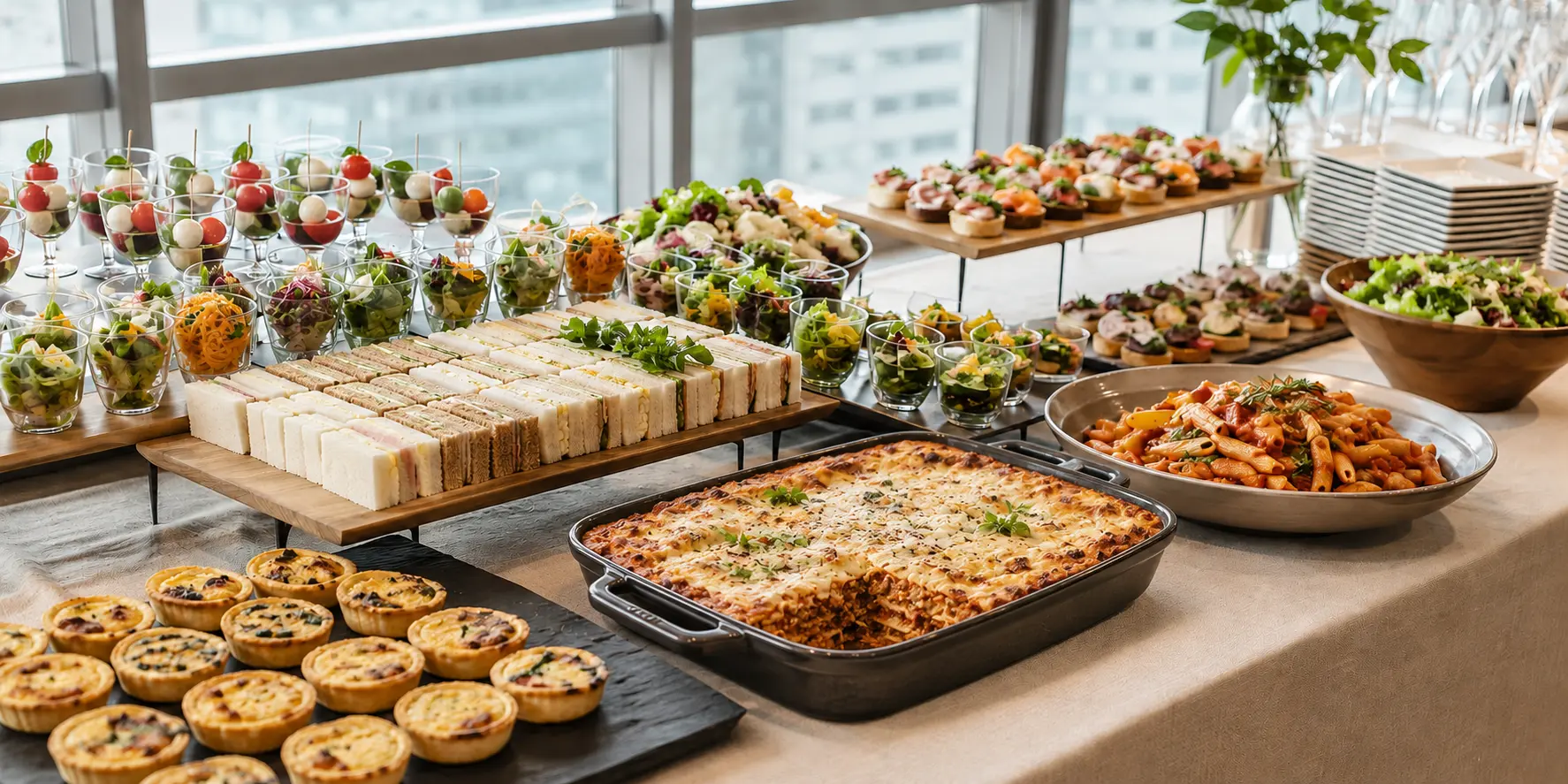 ビュッフェ形式の料理(サンドイッチ・キッシュ・ラザニア・パスタ等)が並んだ盛り付けイメージ(AI生成)
